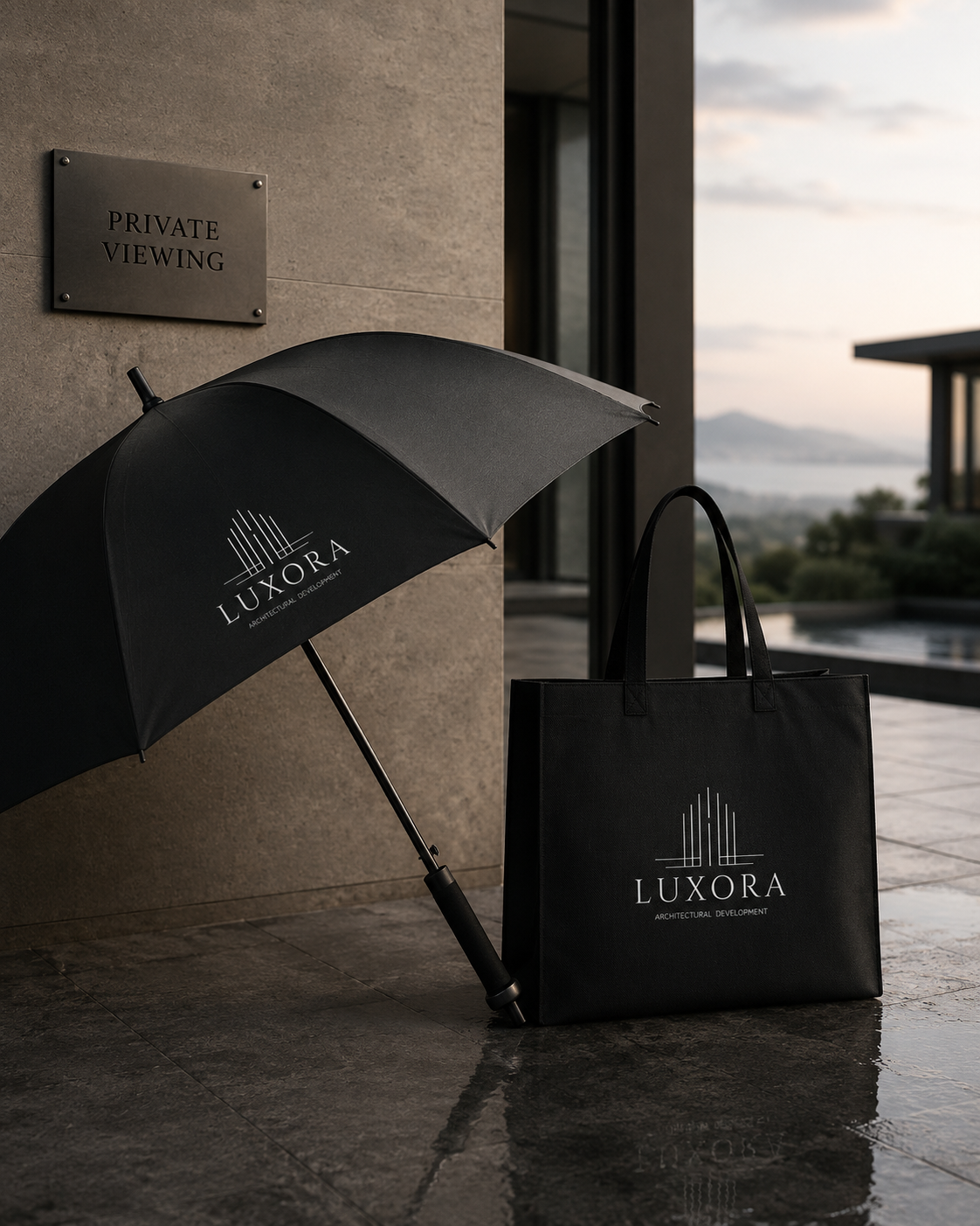 LUXORA-branded black umbrella and tote bag beside a Private Viewing plaque